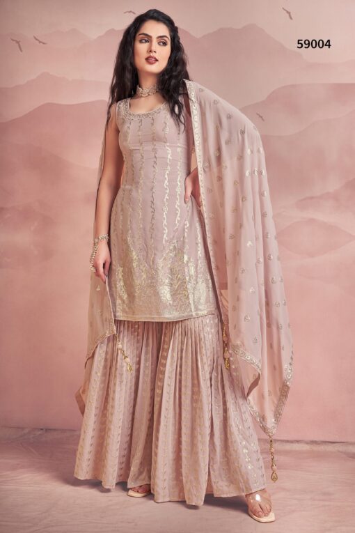 Peach Georgette Embroidered Sharara Suit