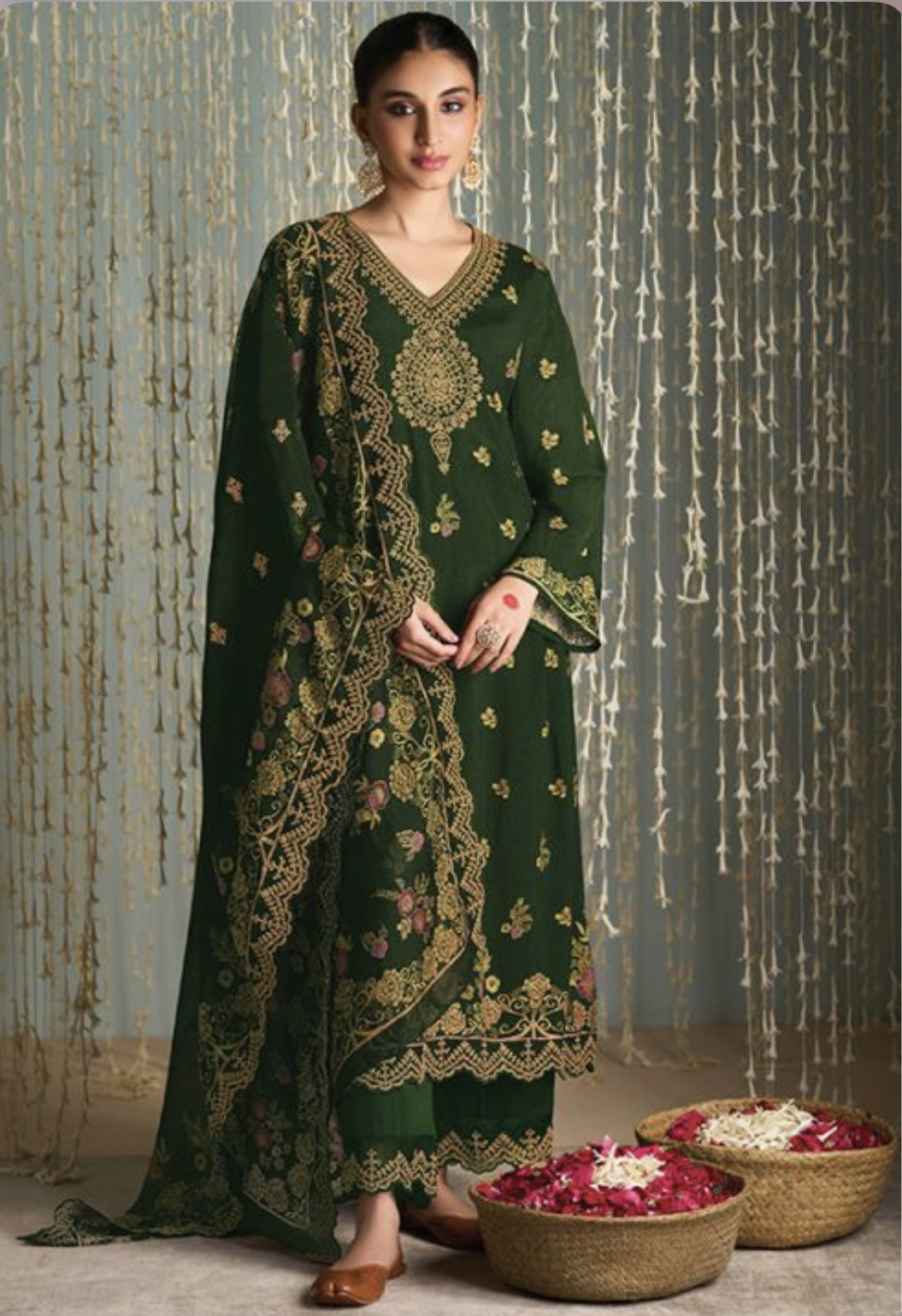 Green Silk Embroidered Trouser Suit Salwar Kameez Designer Collection