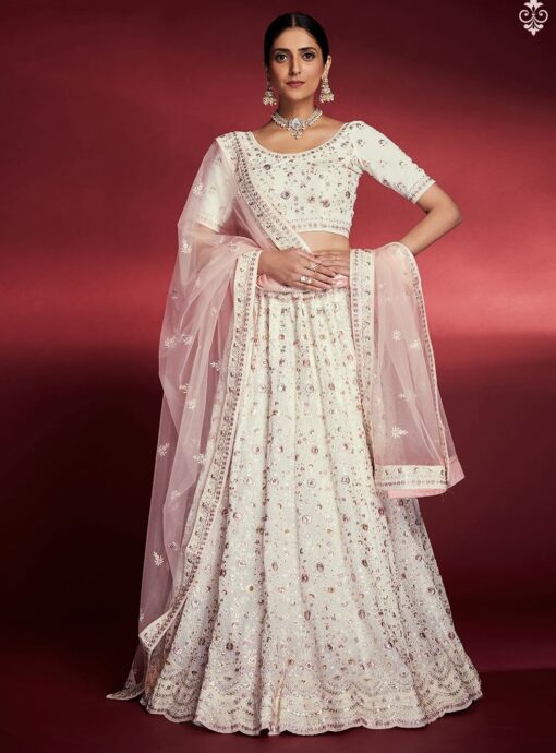 White Heavy Embroidered Bridal Lehenga Choli