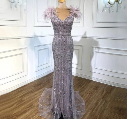 Lilac Feathered Mermaid Beaded Gown