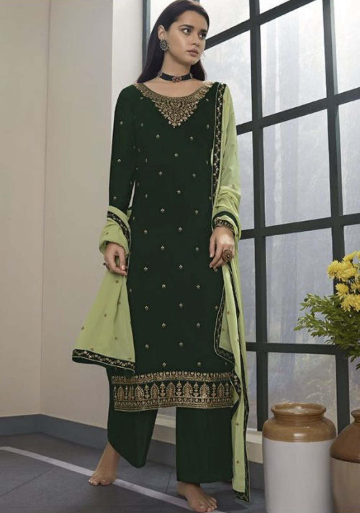 Forest Green Embroidered Trouser Suit Salwar Kameez