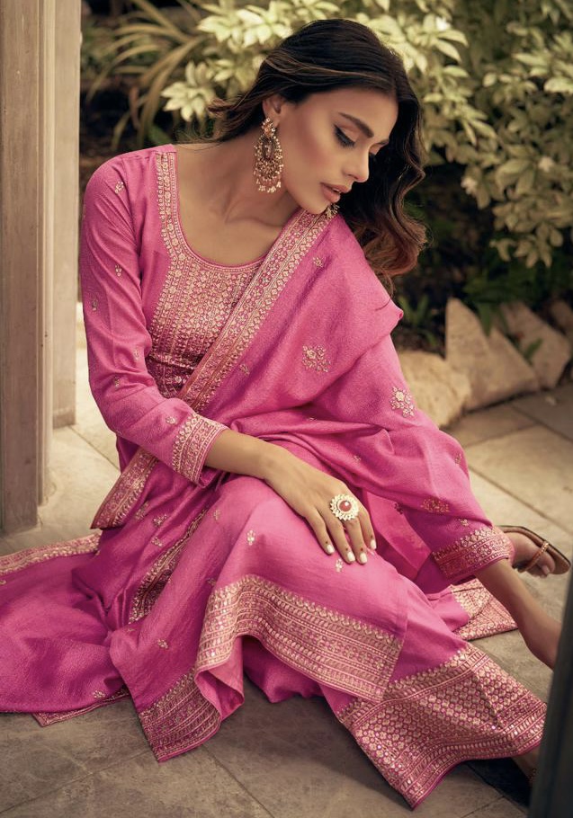 Pink Embroidered Silk Palazzo Pant Suit Salwar Kameez Designer Collection