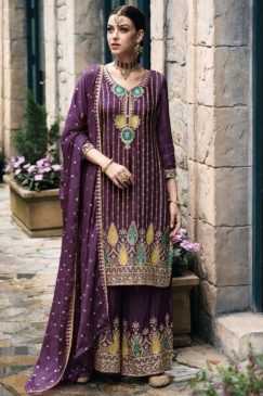 Purple Chinon Embroidered Palazzo Suit