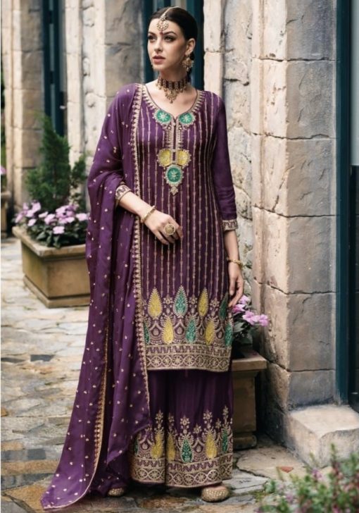 Purple Chinon Embroidered Palazzo Suit