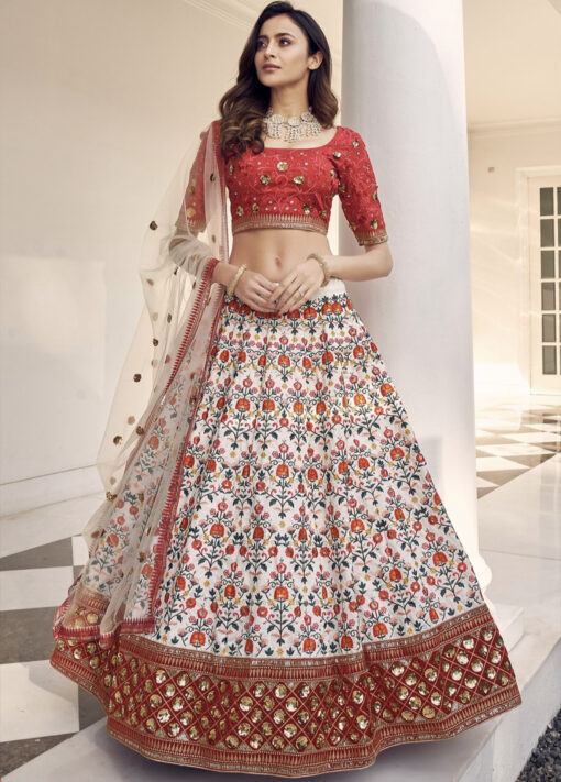 White Red Art Silk Gota Patti Sangeet Lehenga Choli