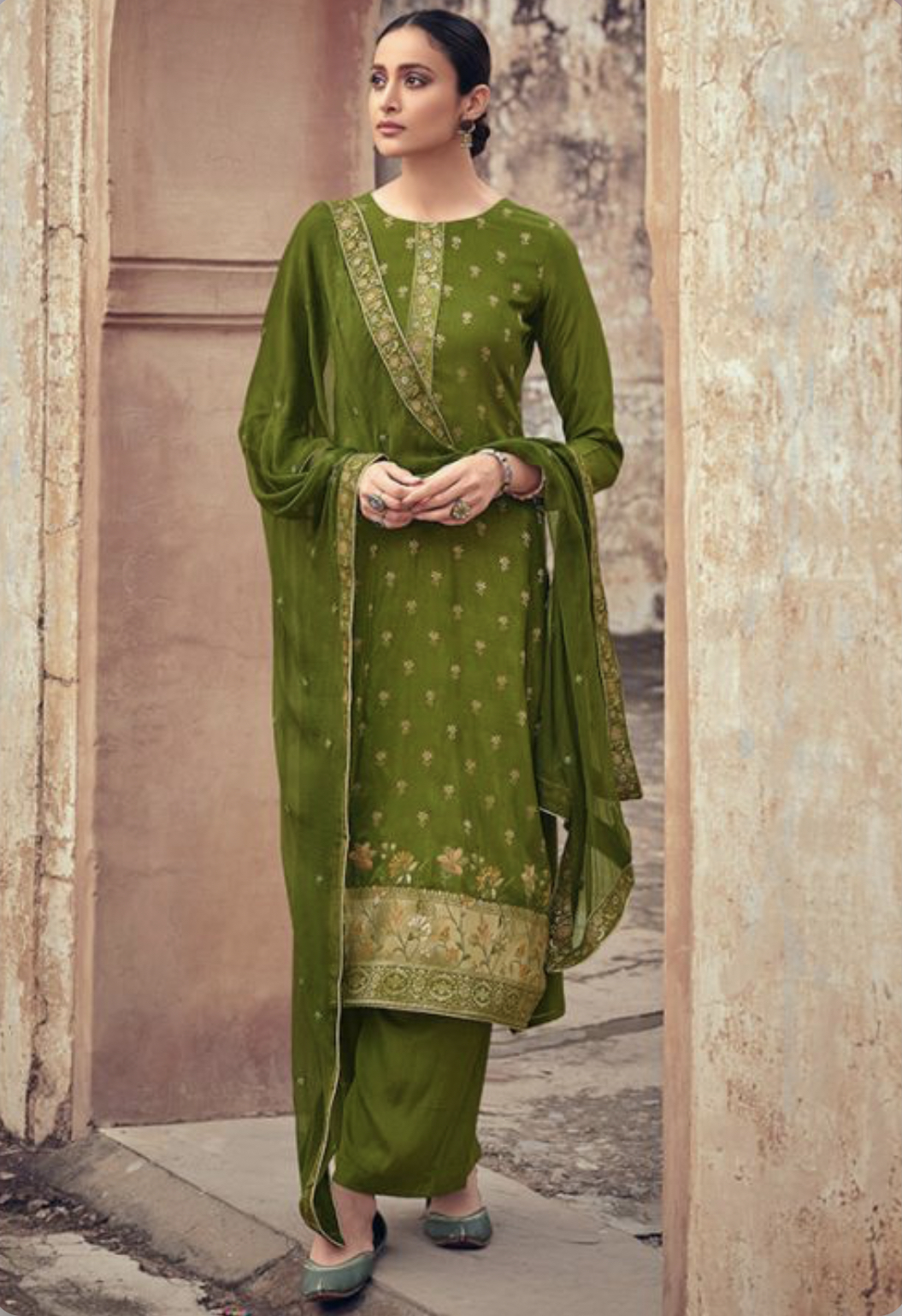 green silk suit