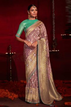 Mauve Banarasi Silk Embroidered Wedding Saree