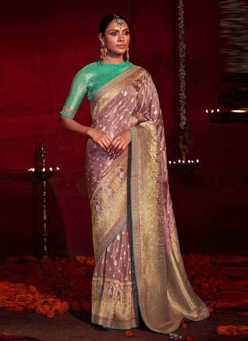 Mauve Banarasi Silk Embroidered Wedding Saree