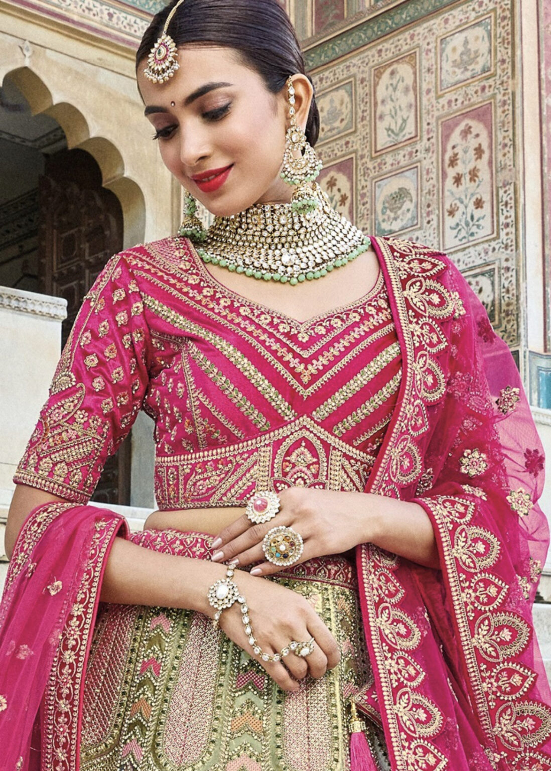 Green Satin Silk Cording & Sequins Wedding Lehenga Choli