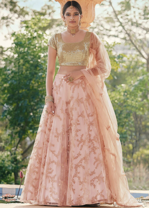 Peach Net Frilled Dupatta Lehenga Choli
