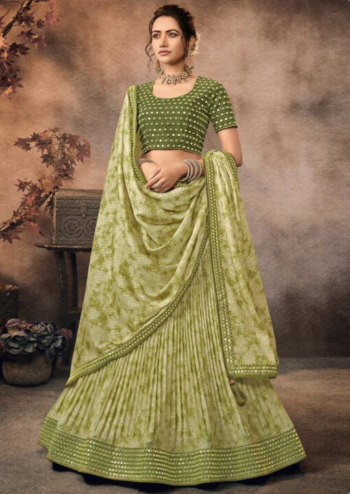 Olive Green Leheriya Umbrella Lehenga Choli