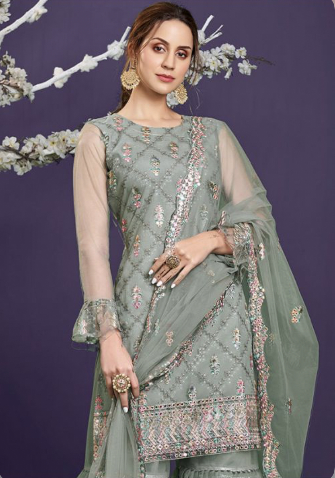 Green Net Embroidered Sharara Suit - Salwar Kameez Designer Collection