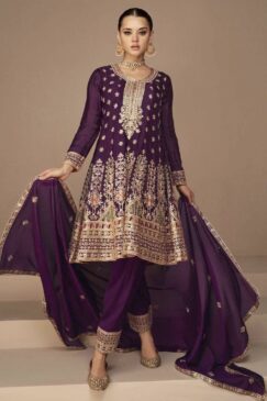 Purple Chinon Silk Frock Style Trouser Suit