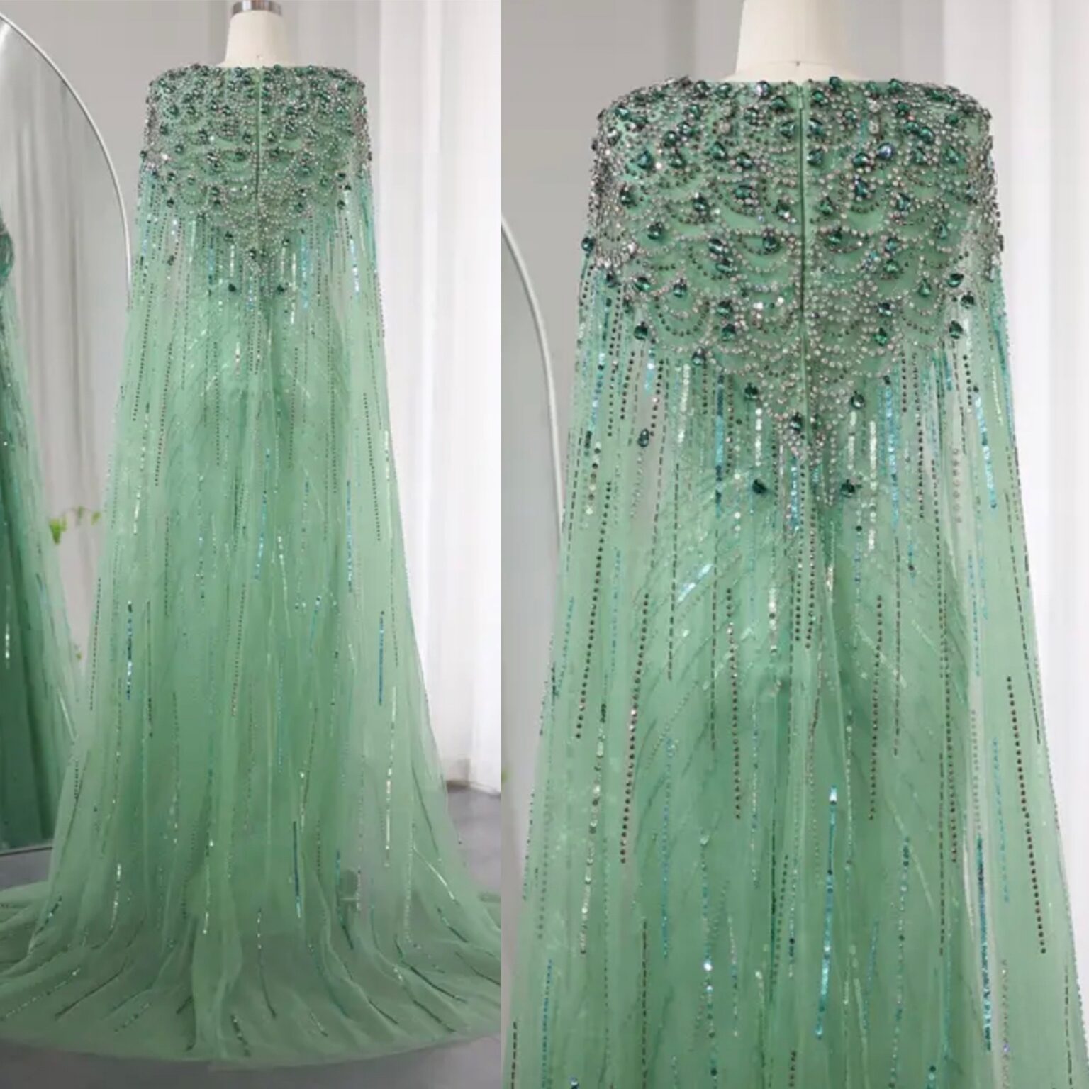 Cape Sleeve Embellished Evening Gown - Evening Dresses, Made To Order ...