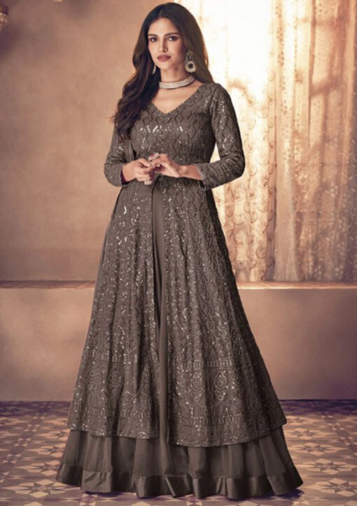 Oak Brown Georgette Embroidered Lehenga Kameez