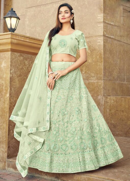 Light Green Embroidered Net Party Wear Lehenga Choli