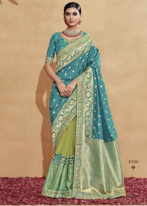 Blue & Green Banarasi Silk Embroidered Wedding Saree