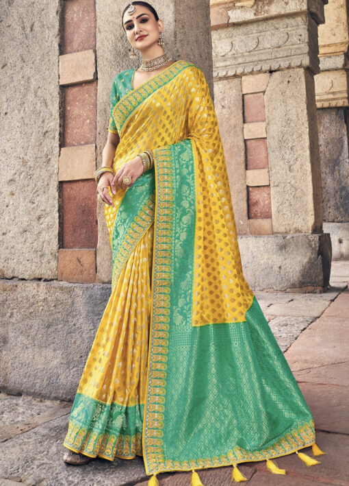 Yellow Woven Silk Embroidered Wedding Saree