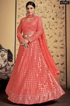 Neon Peach Art Silk Embroidered Lehenga Choli