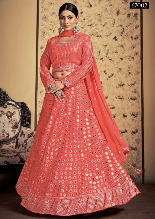Neon Peach Art Silk Embroidered Lehenga Choli