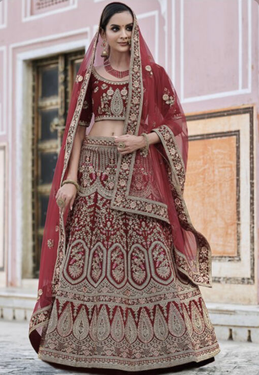 Maroon Velvet Bridal Lehenga Choli