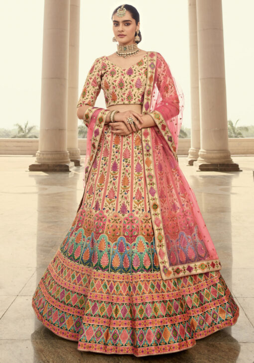 Beige & Pink Art Silk Bridal Lehenga Choli