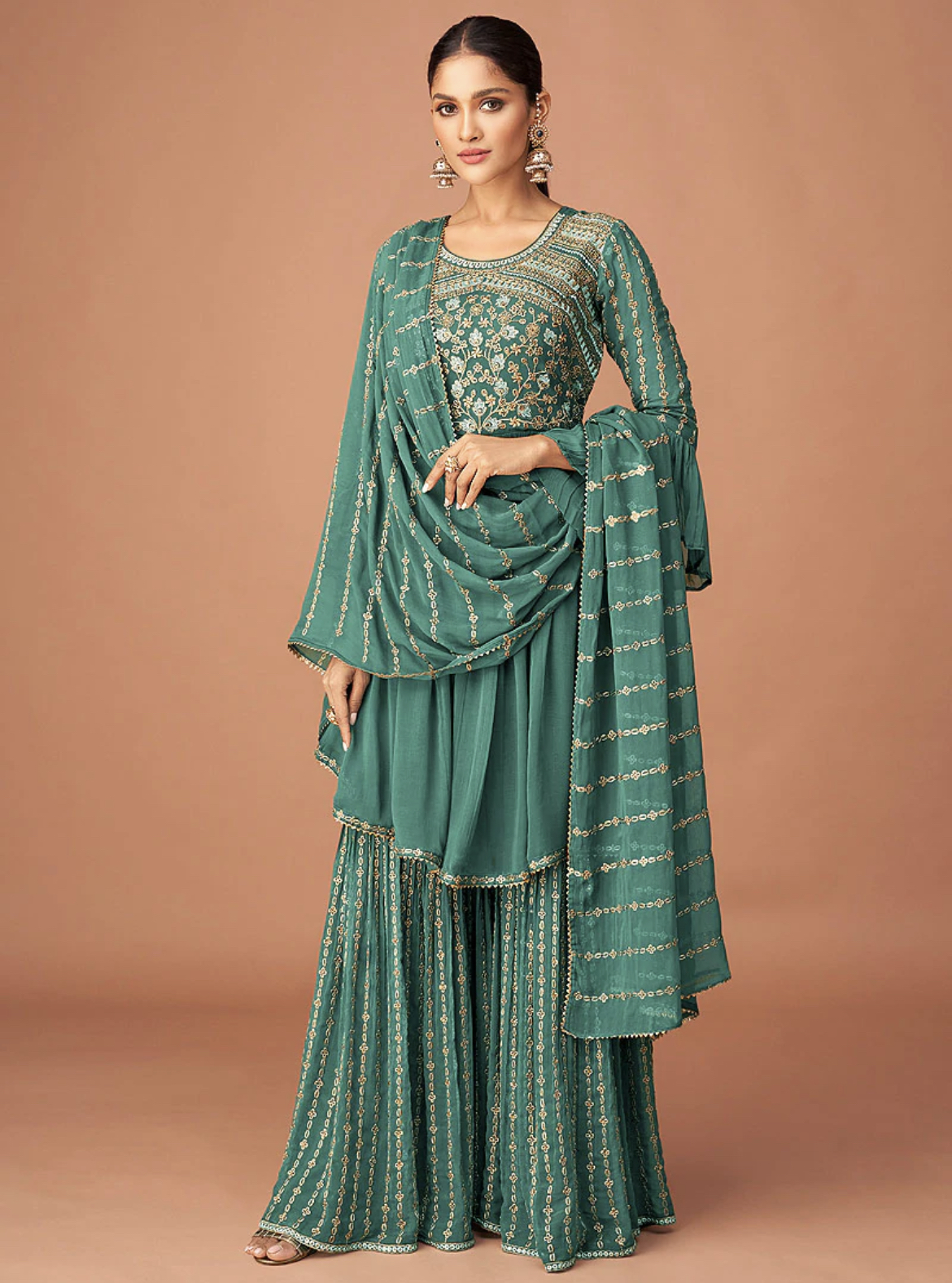 Teal Peplum Style Gharara Suit - Salwar Kameez Designer Collection