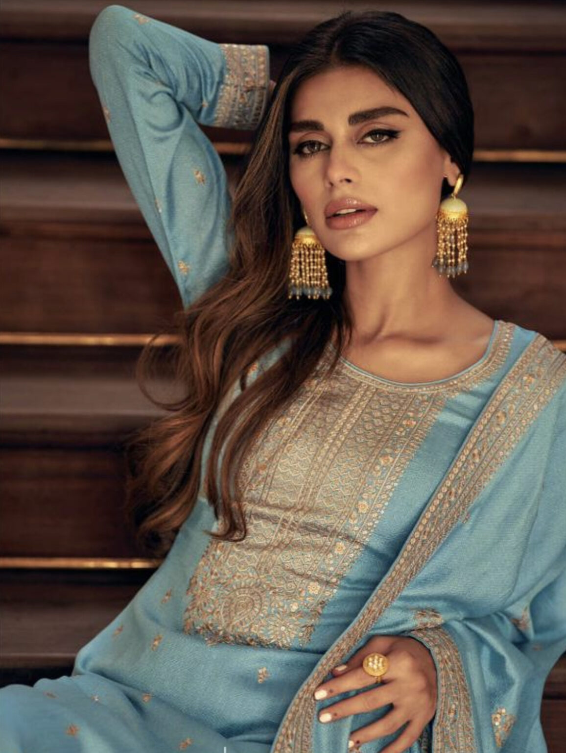 Sky Blue Embroidered Silk Palazzo Pant Suit Salwar Kameez Designer