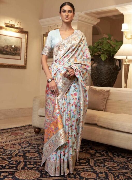 Pale Blue Kashmiri Modal Silk Traditional Saree