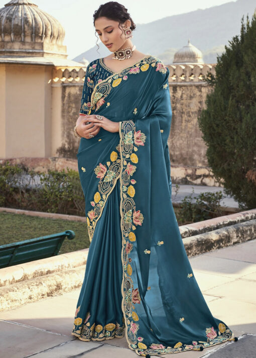 Teal Silk Wedding Party Wear Saree