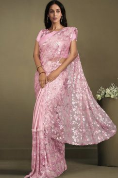 Pink Lycra Pre Pleated Designer Saree