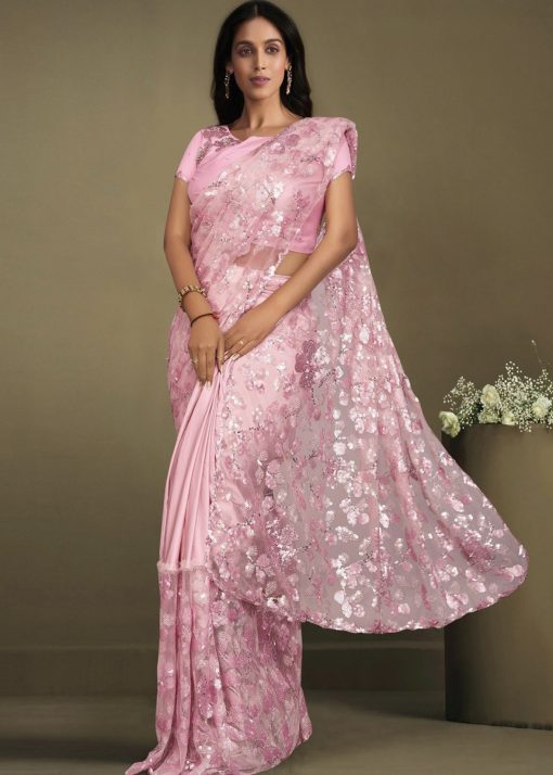 Pink Lycra Pre Pleated Designer Saree