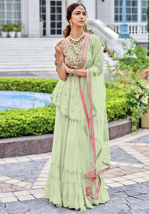 Mint Green Embroidered Sharara Suit Salwar Kameez Designer Collection