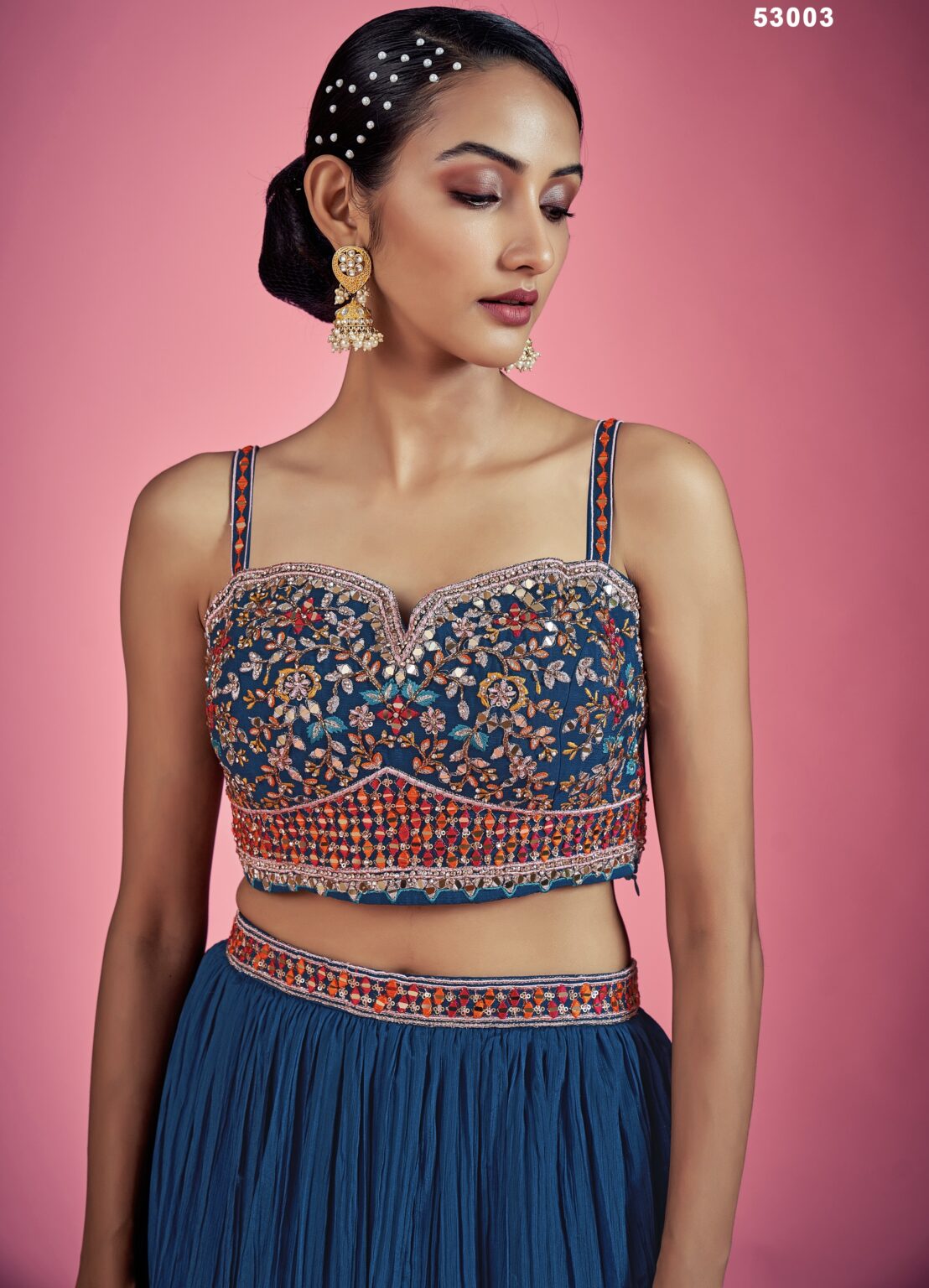 Charming Navy Blue Lino Silk Ruffle Party Wear Lehenga Choli
