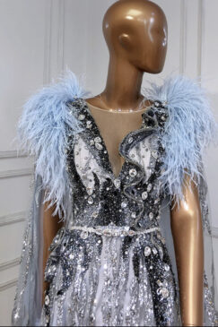 Alternative view of Feathered Cape Sleeve Beaded Evening Dress