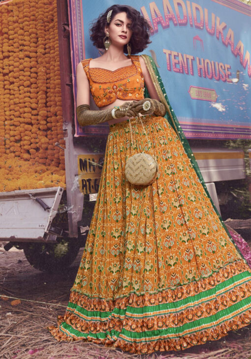 Mustard Chinon Silk Sangeet Lehenga Choli