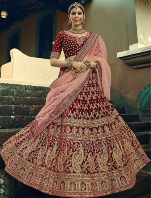 Maroon Velvet Bridal Lehenga Choli