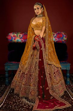 Royal Mustard Velvet Embroidered Bridal Lehenga Choli