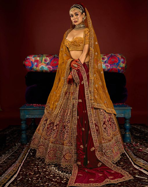 Royal Mustard Velvet Embroidered Bridal Lehenga Choli