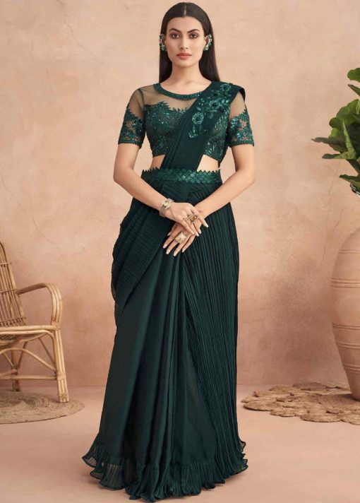 Green Lehenga Style Saree With Belt