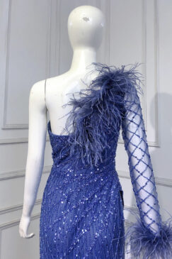 Alternative view of Blue One Shoulder Feathered Split Beaded Evening Dress