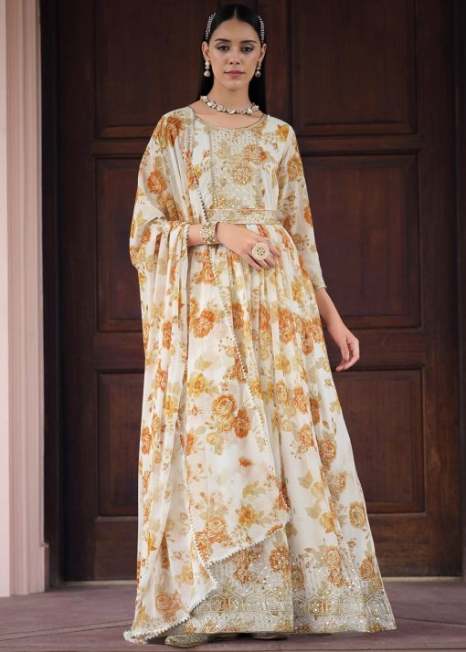 Cream Abaya Style Floral Printed Anarkali Suit