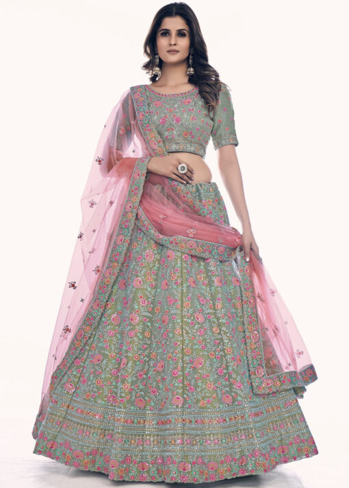Green Embroidered Net Bridal Lehenga Choli
