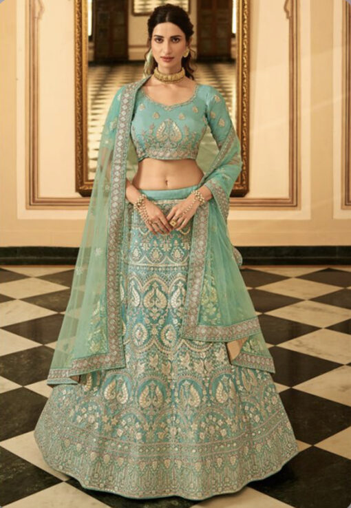 Turquoise Organza Silk Lehenga Choli