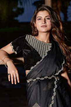 Alternative view of Black Satin Silk Chiffon Party Wear Saree
