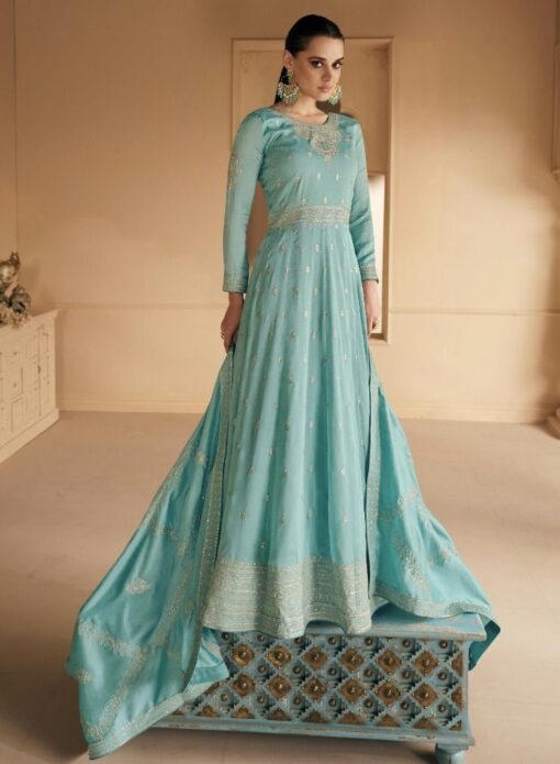 Sky Blue Silk Embroidered Anarkali Suit