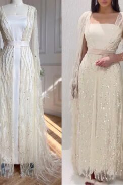 Alternative view of Feathered Long Cape Sleeve Sequinned Modest Evening Dress