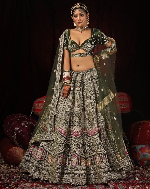 Mehendi Zari Embroidered Bridal Lehenga Choli