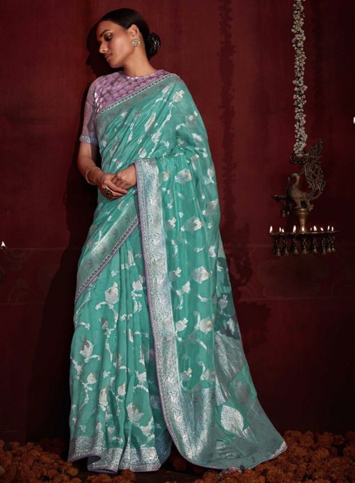 Blue Banarasi Silk Embroidered Wedding Saree