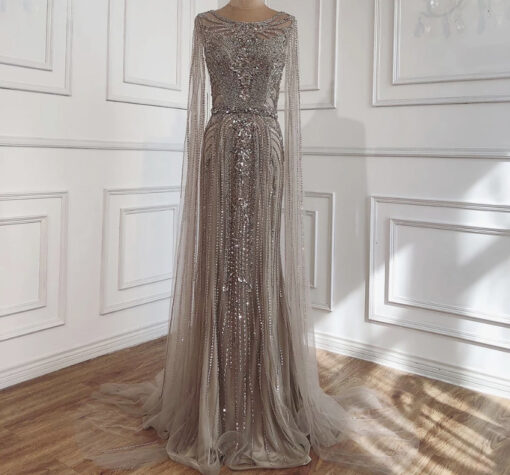 Cape Sleeve Beaded Evening Dress